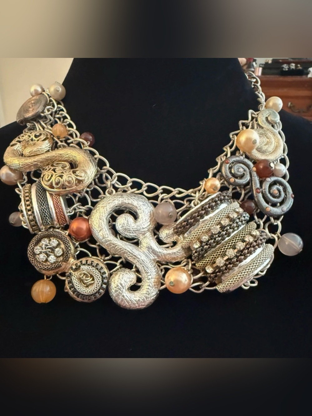 Multi-Tone Gold and Silver Statement Necklace with Warm Beads
